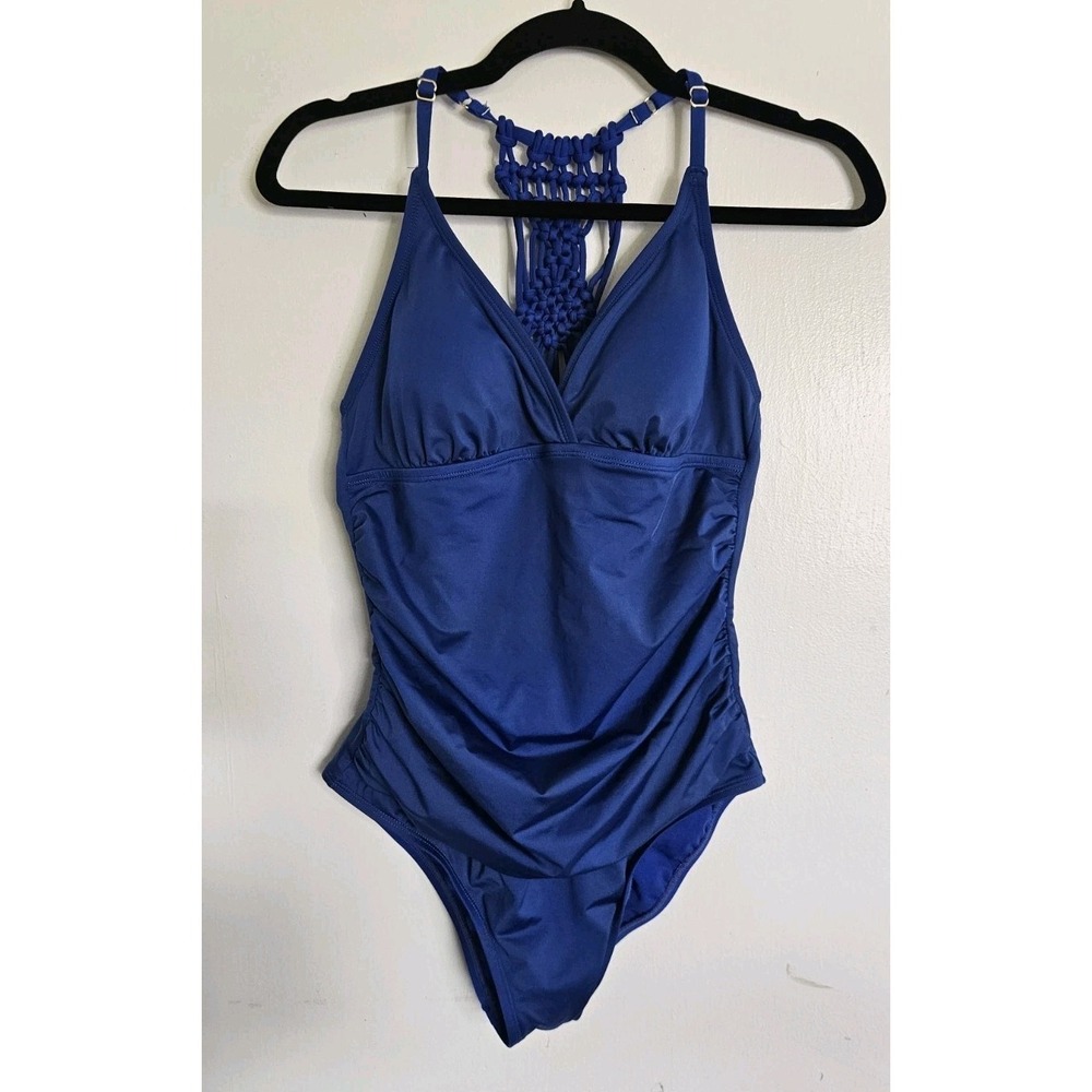 JANTZEN Blue Macrame Back One Piece Swimsuit Sz 8?